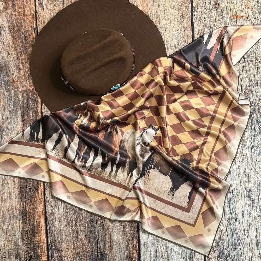 Horses Print Silky Polyester Wild Rag | 36x36 | Brown